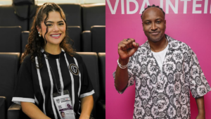 Montagem de fotos. À direta, a atriz Maisa, à esquerda, o cantor Thiaguinho