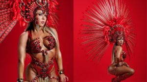 As fotos mostram a sambista Mulher Melão com fantasia vermelha de samba.