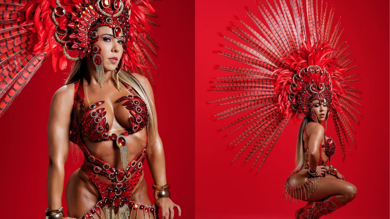 As fotos mostram a sambista Mulher Melão com fantasia vermelha de samba.