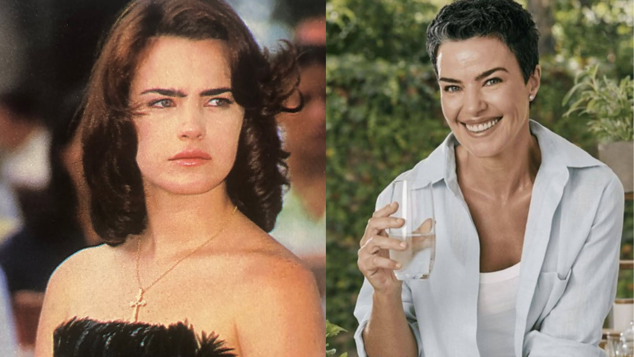 Mostra a atriz Ana Paula Arósio. Mulher branca, olho azul e cabelo curto preto.