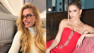 Duas fotos da atriz Deborah Secco. Uma mulher branca, loira, na foto 1 ela usa cabelo solto e óculos. Na foto 2, ela está com vestido vermelho e cabelo preso.