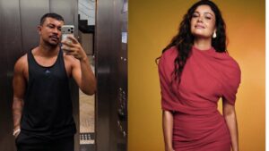 As fotos mostram o cantor Xamã. Um homem indígena, usando camiseta preta e tirando foto no celular no espelho. A outra foto é a atriz Sophie Charlotte, uma mulher branca, de cabelo ondulado longo e usando um vestido vermelho.