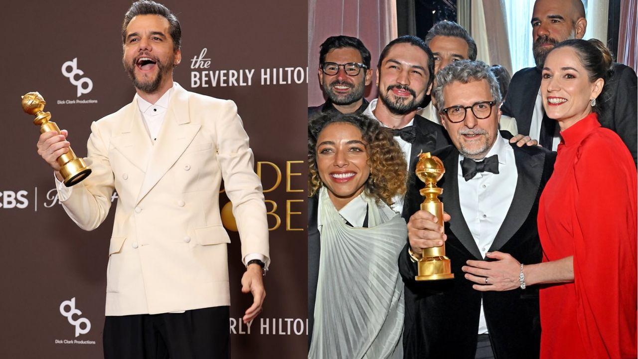 Montagem com duas fotos do Globo de Ouro. À esquerda, um homem usando terno branco segura o troféu dourado e sorri em frente a um painel do evento. À direita, um grupo de homens e mulheres vestidos de gala posa junto, sorrindo, enquanto um deles segura o troféu do Globo de Ouro em um ambiente interno elegante.