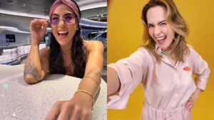 Duas mulheres brancas. Uma tem cabelo castanho liso comprido. A outra é loira e cabelo curto.