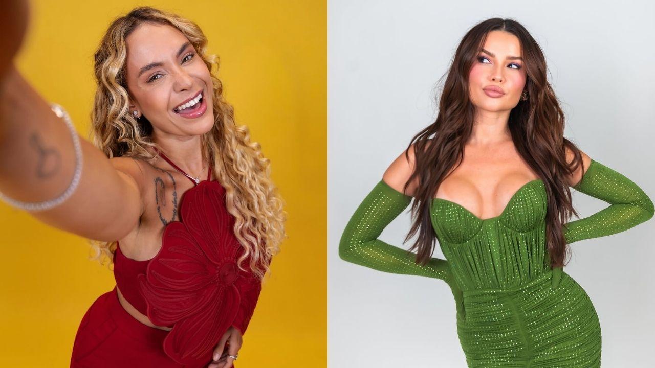Mulher branca: loira, cabelo longo cacheado com roupa vermelha. Outra mulher branca, cabelo castanho longo, usando vestido verde.