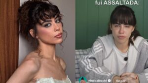 Mulher branca, cabelo preto preso maquiada. Na outra foto, ela está indignada contando sobre o assalto que sofreu.