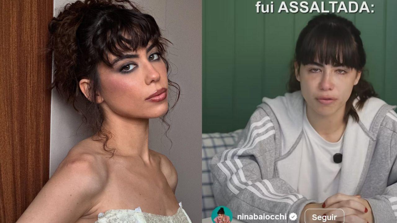 Mulher branca, cabelo preto preso maquiada. Na outra foto, ela está indignada contando sobre o assalto que sofreu.