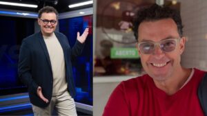 Homem branco, cabelo grisalho e cacheado, com óculos redondo.