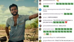 Wagner Moura no filme O Agente Secreto e um print de comentários falando do Brasil.