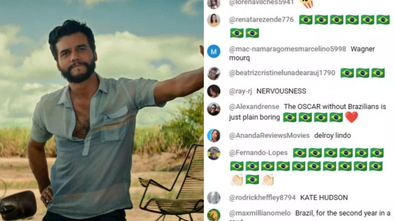 Wagner Moura no filme O Agente Secreto e um print de comentários falando do Brasil.