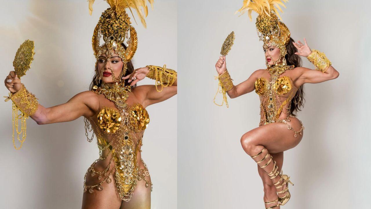 Juju Salimeni com fantasia de carnaval dourada e segurando espelho.