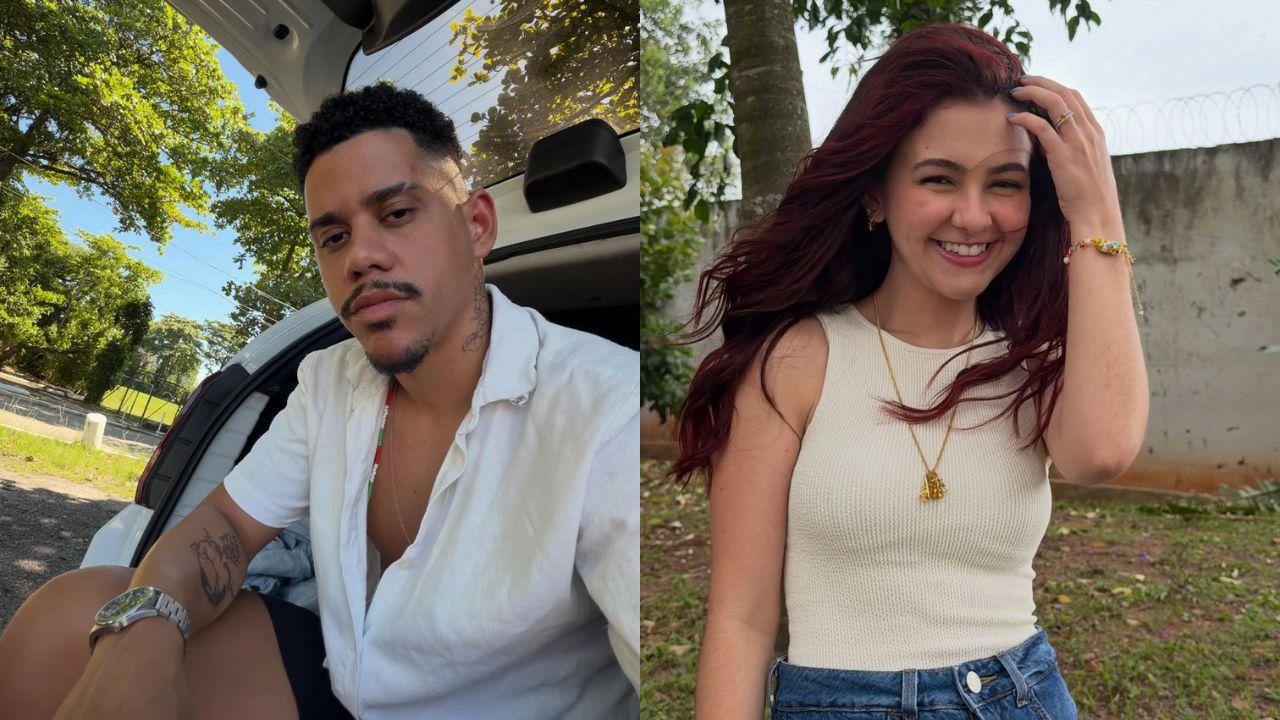 Caue Campos. Homem negro de camisa branca sentado em carro. Klara Castanho. Mulher branca de blusa branca e cabelo castanho e rosa.