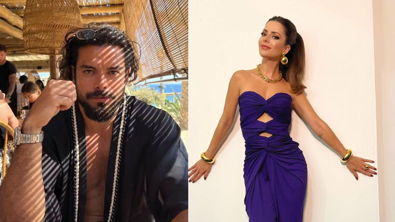Pedro Andrade e Sandy. Homem branco, cabelo castanho cacheado e com barba. Ele usa uma camisa preta aberta. A outra é Sandy, mulher branca, cabelo castanho liso, usando macacão azul.