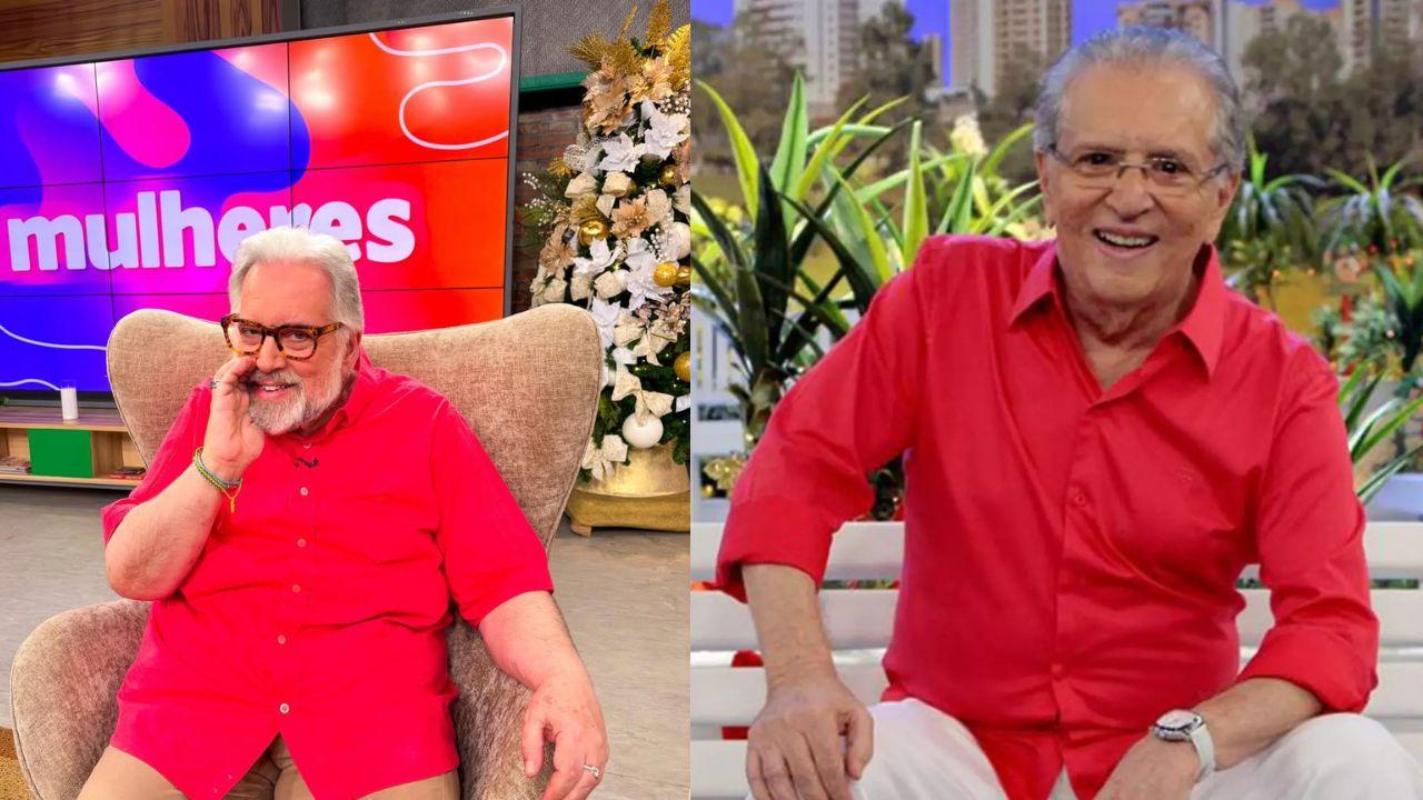 Leão Lobo e Carlos Alberto de Nóbrega. Dois homens brancos, cabelo brancos e usando camisas vermelhas.