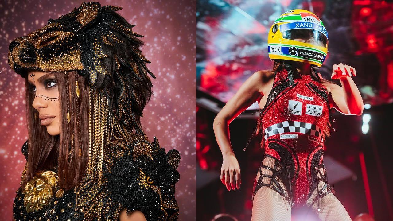Montagem de fotos de Anitta com dois looks dos ensaios. O primeiro, do signo de Leão; o segundo de Fórmula 1