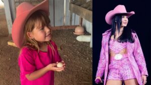 Duas fotos lado a lado. A primeira de Maria Flor na fazenda da família e a segunda de Ana Castela
