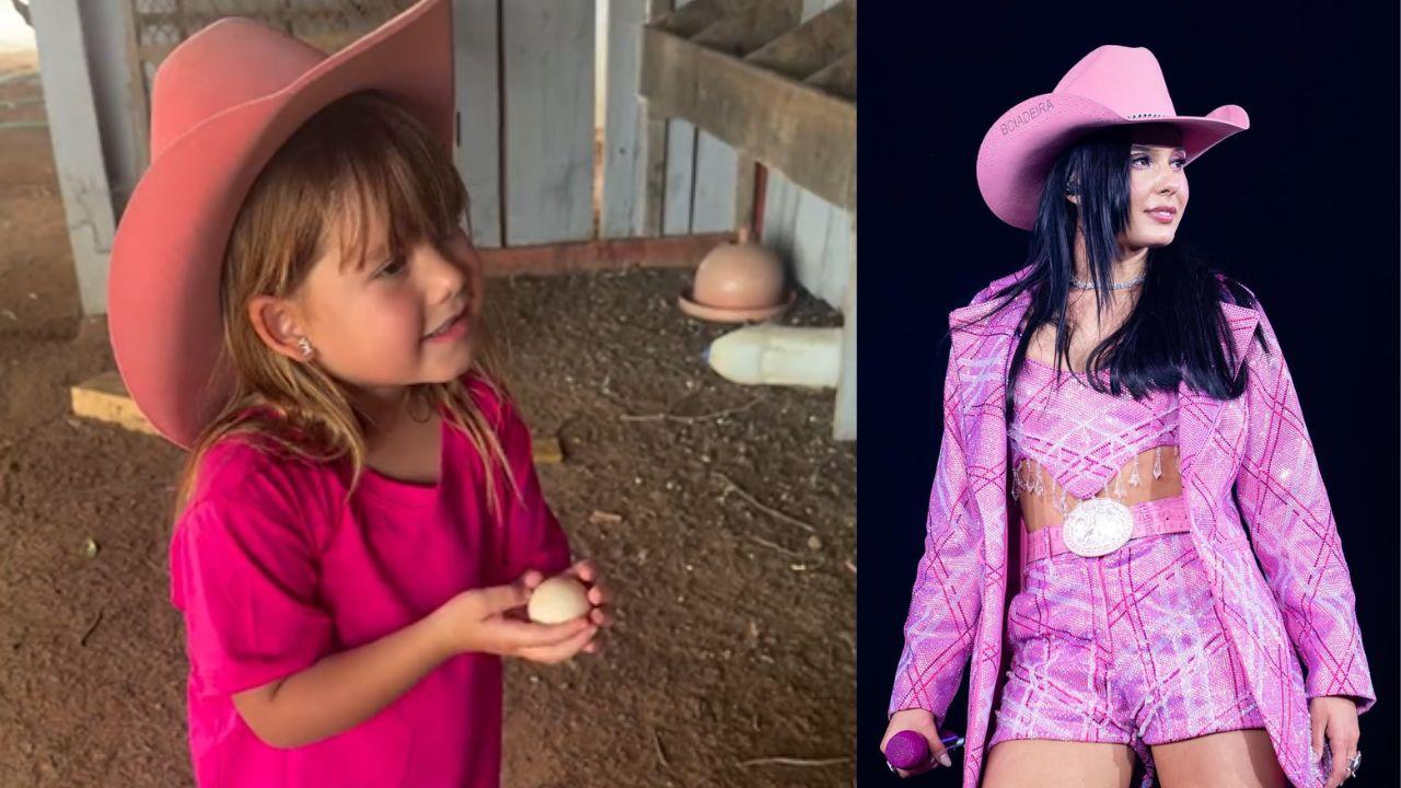 Duas fotos lado a lado. A primeira de Maria Flor na fazenda da família e a segunda de Ana Castela