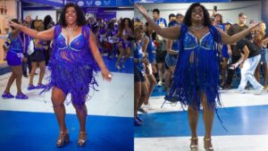 Montagem de duas fotos de Cacau Protásio com seu look azul de Carnaval feito por ela mesma