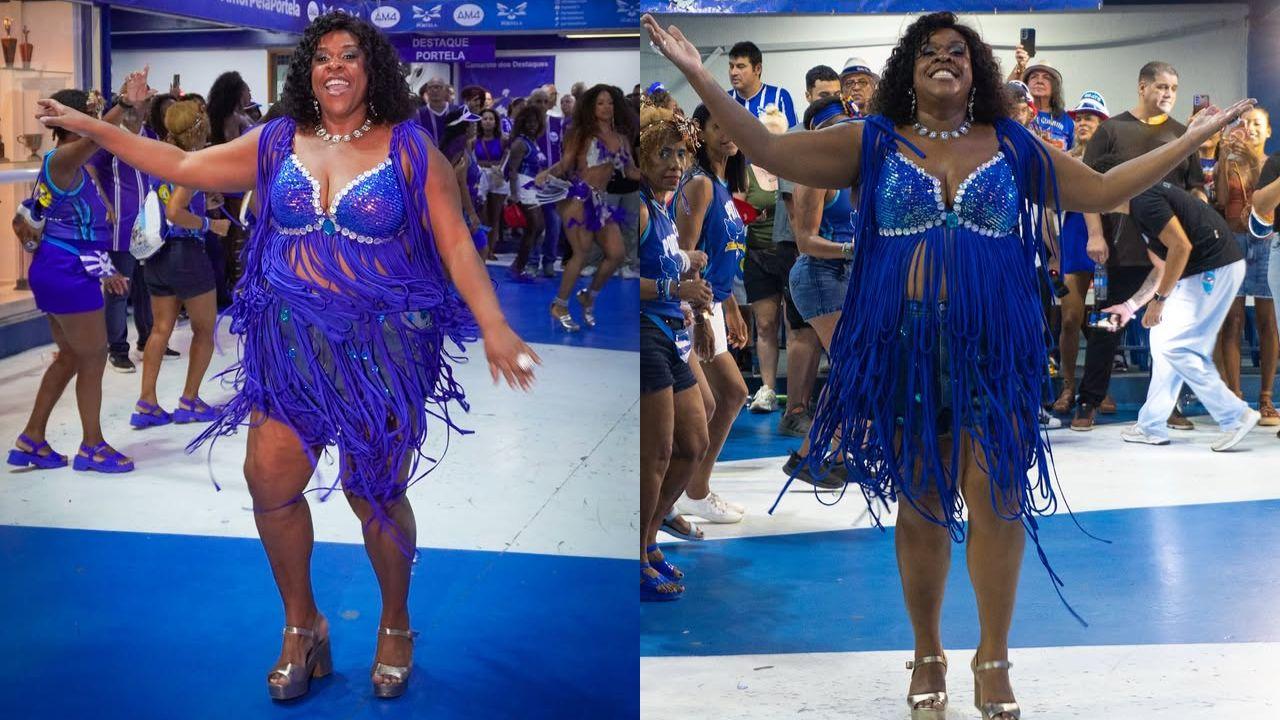 Montagem de duas fotos de Cacau Protásio com seu look azul de Carnaval feito por ela mesma