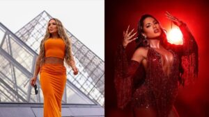 Montagem de fotos de Carla Silva; à direita ela está com uma fantasia vermelha de carnaval; à esquerda com um vestido laranja em Paris