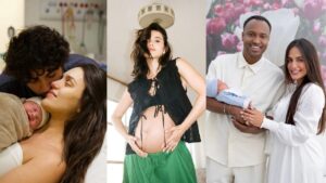 Montagem de três fotos lado a lado de ex- participantes do BBB que se tornaram mãe. Nas imagens está Rafa Kalimann, Manu Gavassi e Carol Peixinho