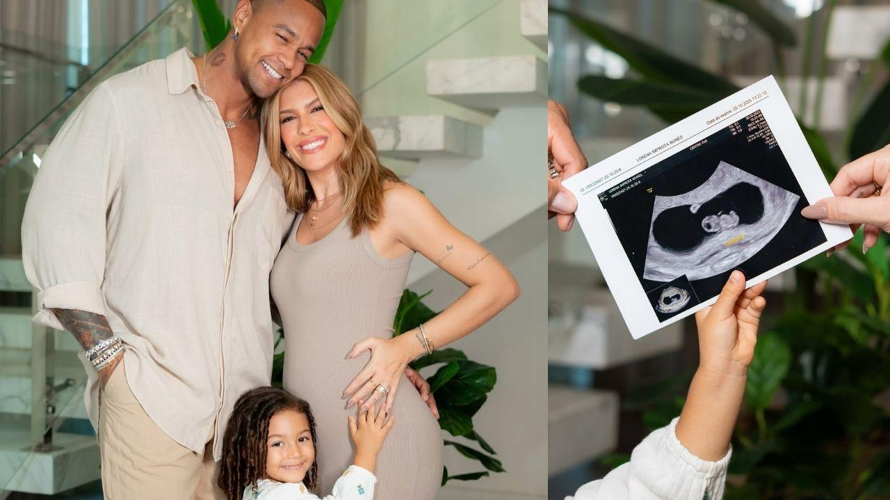 Duas fotografias lado a lado. A primeira é de Léo Santana com Lore Improta Grávida e Liz e a segunda de uma ultrassom