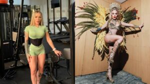 Imagem da musa Ravena Hanniely, a primeira, na academia, a segunda, com fantasia do carnaval