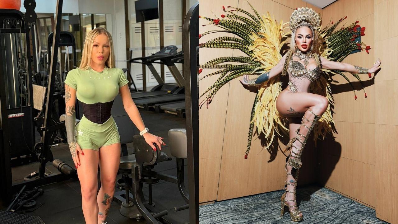 Imagem da musa Ravena Hanniely, a primeira, na academia, a segunda, com fantasia do carnaval