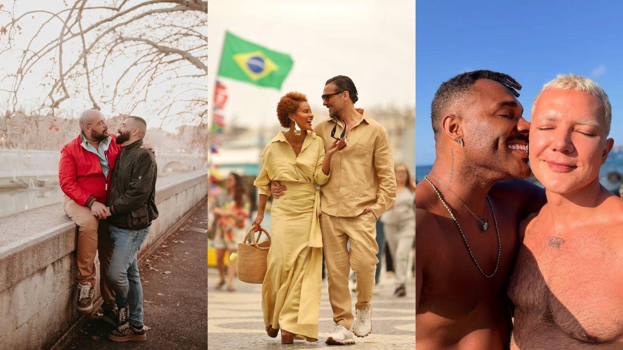 Montagem de fotos. Primeira: casal Tiago Abravanel e Fernando Poli; segunda, casal Aline Wirley e Igor Rickli; terceira, casal Fred Nicácio e Fabio Gelonese