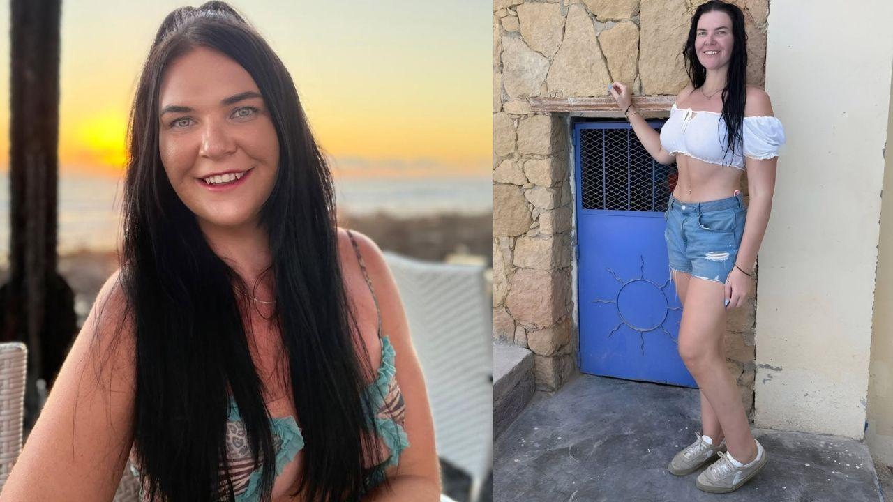 Mulher branca, cabelo liso preto longo, olhos verdes e sorrindo. Ela usa um cropped branco e short jeans.