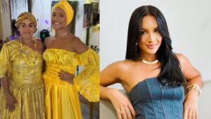 Duas fotos em montagem. Na primeira, uma mulher mais velha e Maxiane vestidas de roupa de santo. Na segunda, Maxiane usa uma blusa jeans.