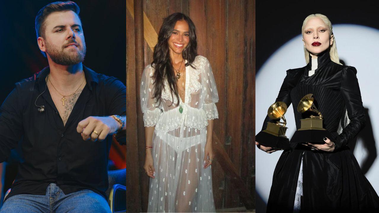 Montagem de Zé Neto, Bruna Marquezine e Lady Gaga.