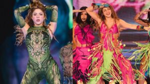 Montagem de fotos da Shakira. Mulher latina, cabelo cacheado longo e está no palco.