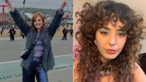 Duas mulheres em duas fotos. Uma é ruiva e outra é morena com cabelo cacheado.