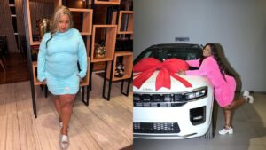 Montagem de duas fotos de MC Carol. A primeira, de corpo inteiro e vestido azul; a segunda, com o carro, um JEEP Compass branco, que foi roubado