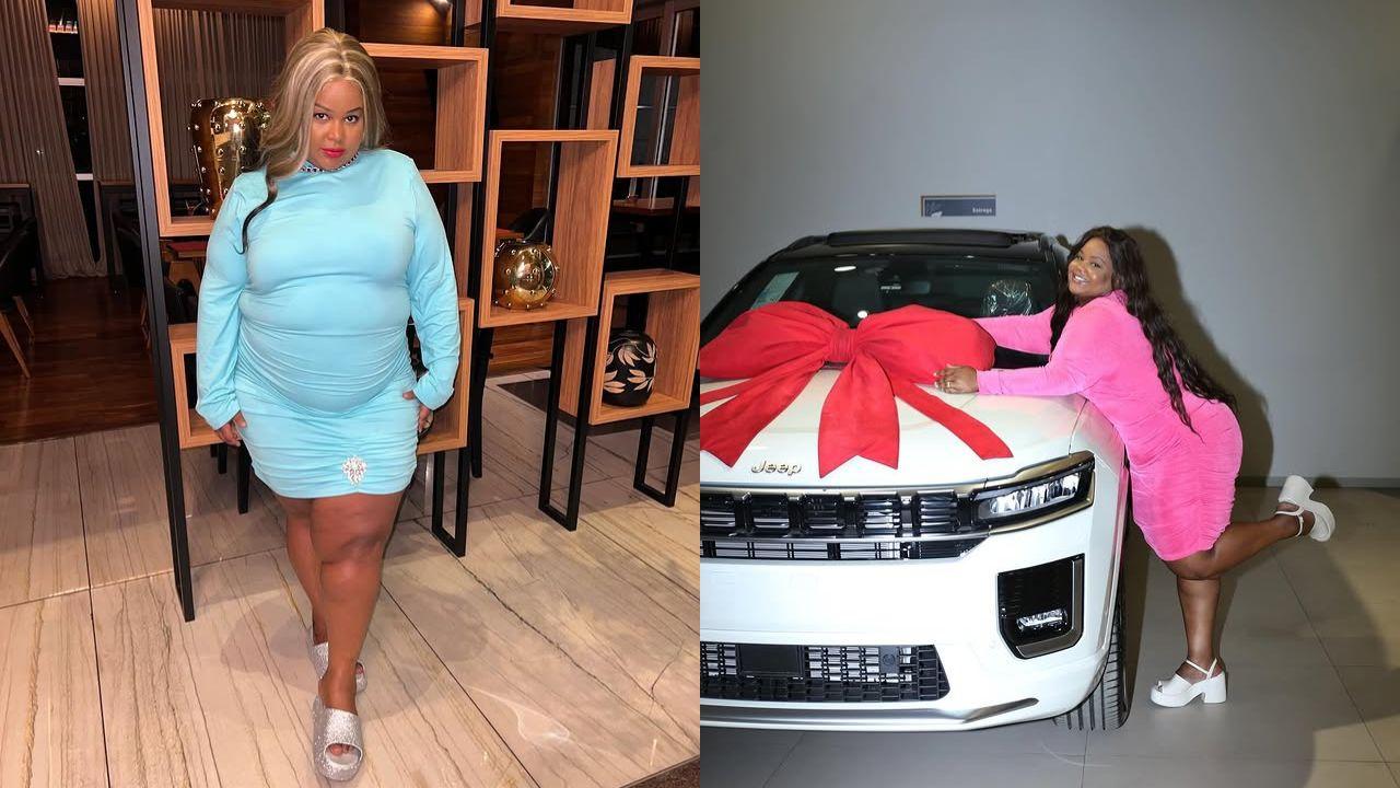 Montagem de duas fotos de MC Carol. A primeira, de corpo inteiro e vestido azul; a segunda, com o carro, um JEEP Compass branco, que foi roubado
