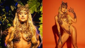 Montagem de duas fotos de Gabi Martins com fantasia de Carnaval