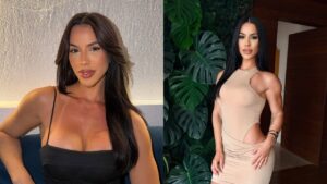Montagem de duas fotos de Larissa Tomásia; a primeira, de busto; a segunda de corpo inteiro
