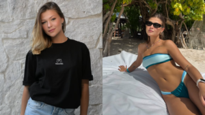 Nikki Meneghel posa de biquíni no Caribe