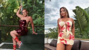 Montagem de duas fotos; a primeira, de Rita Cadillac; a segunda, de Geisy Arruda