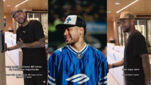 Montagem de três fotos. É o Neymar nas fotos mostrando a casa dele.