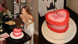 Montagem de duas fotos. Bruna Furlan assoprando as velas e a outra é o bolo dela.