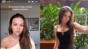Montagem de duas fotos. Vivi Wanderley, mulher branca usando camiseta preta.
