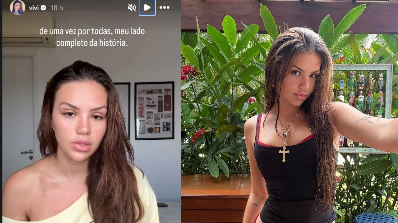 Montagem de duas fotos. Vivi Wanderley, mulher branca usando camiseta preta.