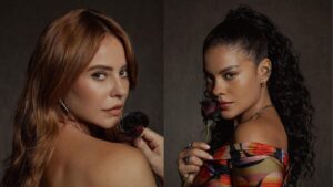 Montagem de duas fotos. Paolla Oliveira e Bella Campos nas fotos.