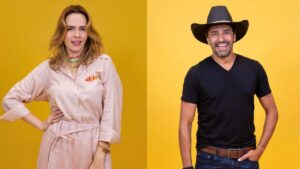Montagem de duas fotos. Ana Paula e Alberto Cowboy em um fundo amarelo.