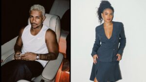 Montagem de duas fotos. Xamã e Bella Campos. Homem indígena com cabelo curto e camiseta branca e mulher negra com trança usando terninho preto.