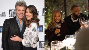 Montagem de fotos; à esquerda, Jon Bon Jovi e esposa; à direita, LeBron James e Savannah