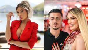 Montagem de duas fotos. À esquerda, Andressa Urach; à esquerda, ela e o esposo, Flávio