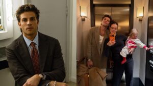 Montagem de duas fotos. À esquerda, Chay Suede; à direita, ele e a família